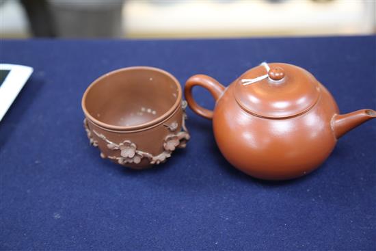 A Chinese Yixing pottery globular teapot and a similar prunus cup, 19th century, 6.5cm